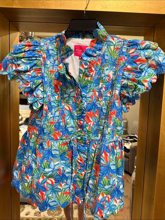 marie by victoria dunn Tops - Blue Floral Ruffle Short-Sleeve Blouse
